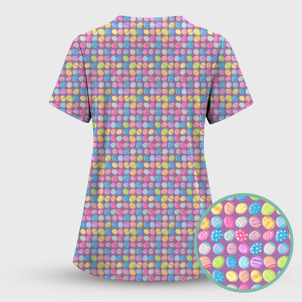 Colorful Easter Eggs Pattern Scrub Top, Comfortable Scrubs for Nurses