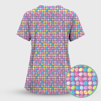 Colorful Easter Eggs Pattern Scrub Top, Comfortable Scrubs for Nurses