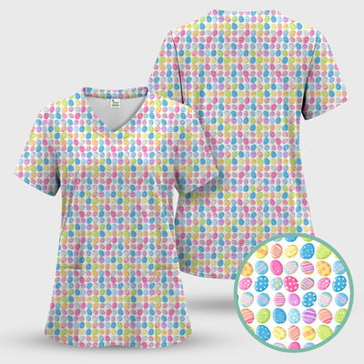 Colorful Easter Eggs Pattern Scrub Top, Comfortable Scrubs for Nurses