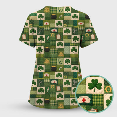 St Patrick Medical Patchwork Shamrock Scrub Top, Comfortable Scrubs for Nurses