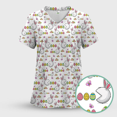 Easter Bunny and Colorful Eggs Print Scrub Top, Breathable Fabrics Nursing Uniform