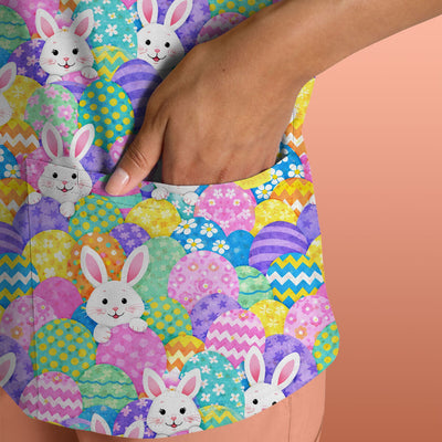 Easter Bunny Colorful Egg Pattern Print Scrub Top, Comfortable Scrubs for Nurses
