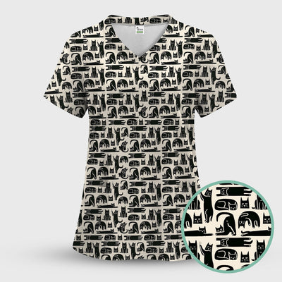 Cute Funny Cat Poses Print Scrub Top, Comfortable Scrubs for Nurses
