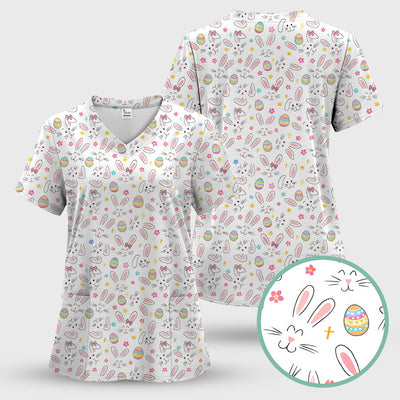 Easter Bunny Faces And Pastel Egg Print Scrub Top, Comfortable Scrubs for Nurses