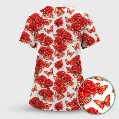 Red Rose and Butterfly Pattern Scrub Top, Comfortable Scrubs for Nurses