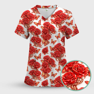 Red Rose and Butterfly Pattern Scrub Top, Comfortable Scrubs for Nurses