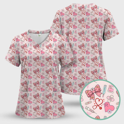 Pink Nurse Bow Heart Print Scrub Top, Comfortable Scrubs for Nurses