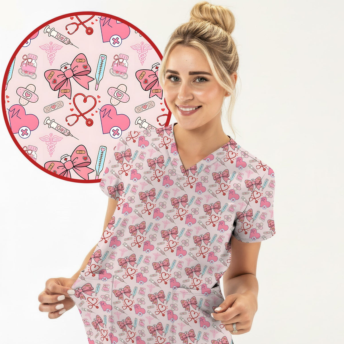 Pink Nurse Bow Heart Print Scrub Top, Comfortable Scrubs for Nurses