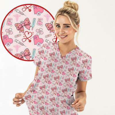 Pink Nurse Bow Heart Print Scrub Top, Comfortable Scrubs for Nurses