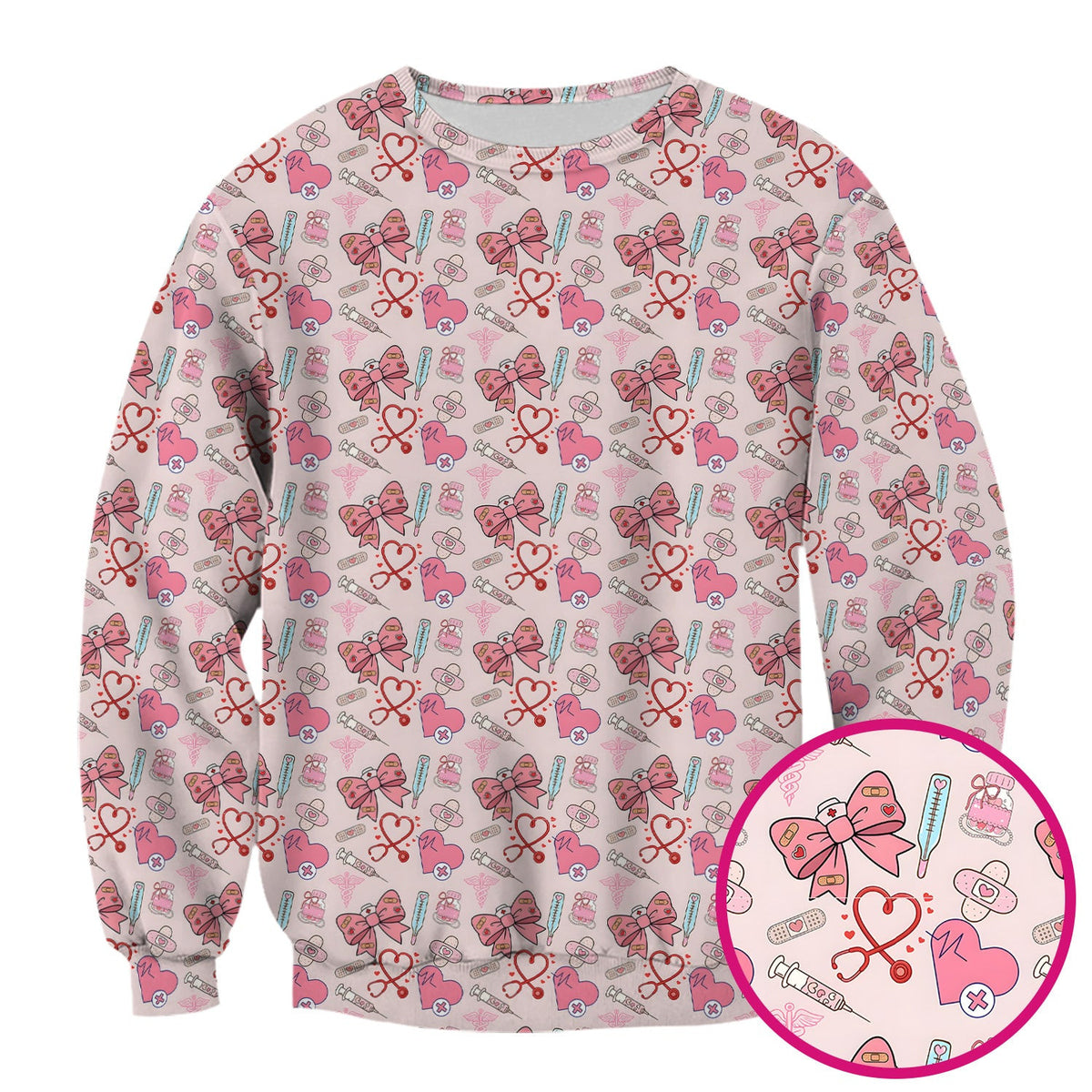 Pink Nurse Bow Heart Print Scrub Top, Comfortable Scrubs for Nurses