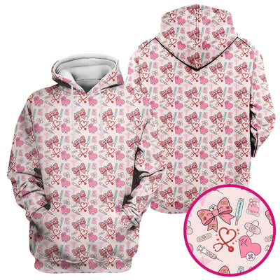 Pink Nurse Bow Heart Print Scrub Top, Comfortable Scrubs for Nurses