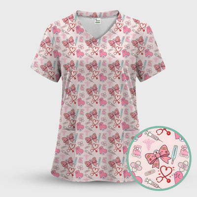 Pink Nurse Bow Heart Print Scrub Top, Comfortable Scrubs for Nurses