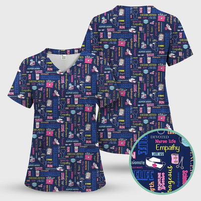 Colorful Nurse Life Typography Print Scrub Top, Breathable Fabrics Nursing Uniform
