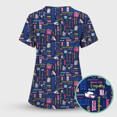 Colorful Nurse Life Typography Print Scrub Top, Breathable Fabrics Nursing Uniform