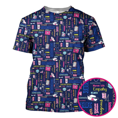 Colorful Nurse Life Typography Print Scrub Top, Breathable Fabrics Nursing Uniform