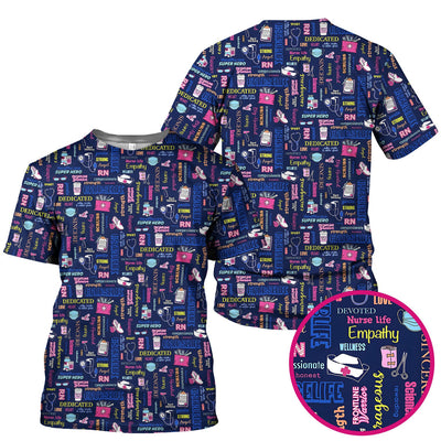 Colorful Nurse Life Typography Print Scrub Top, Breathable Fabrics Nursing Uniform