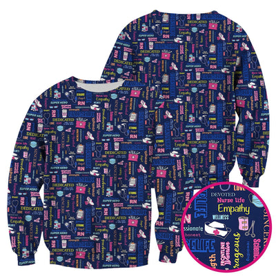 Colorful Nurse Life Typography Print Scrub Top, Breathable Fabrics Nursing Uniform
