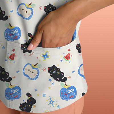 Cute Black Cat and Apple Print V Neck Scrub Top for Nurses
