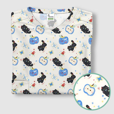 Cute Black Cat and Apple Print V Neck Scrub Top for Nurses