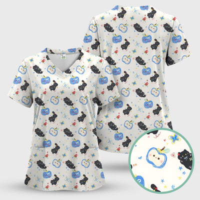 Cute Black Cat and Apple Print V Neck Scrub Top for Nurses