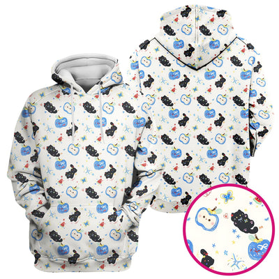 Cute Black Cat and Apple Print V Neck Scrub Top for Nurses
