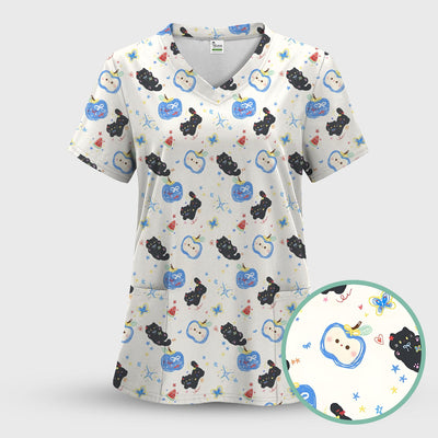 Cute Black Cat and Apple Print V Neck Scrub Top for Nurses