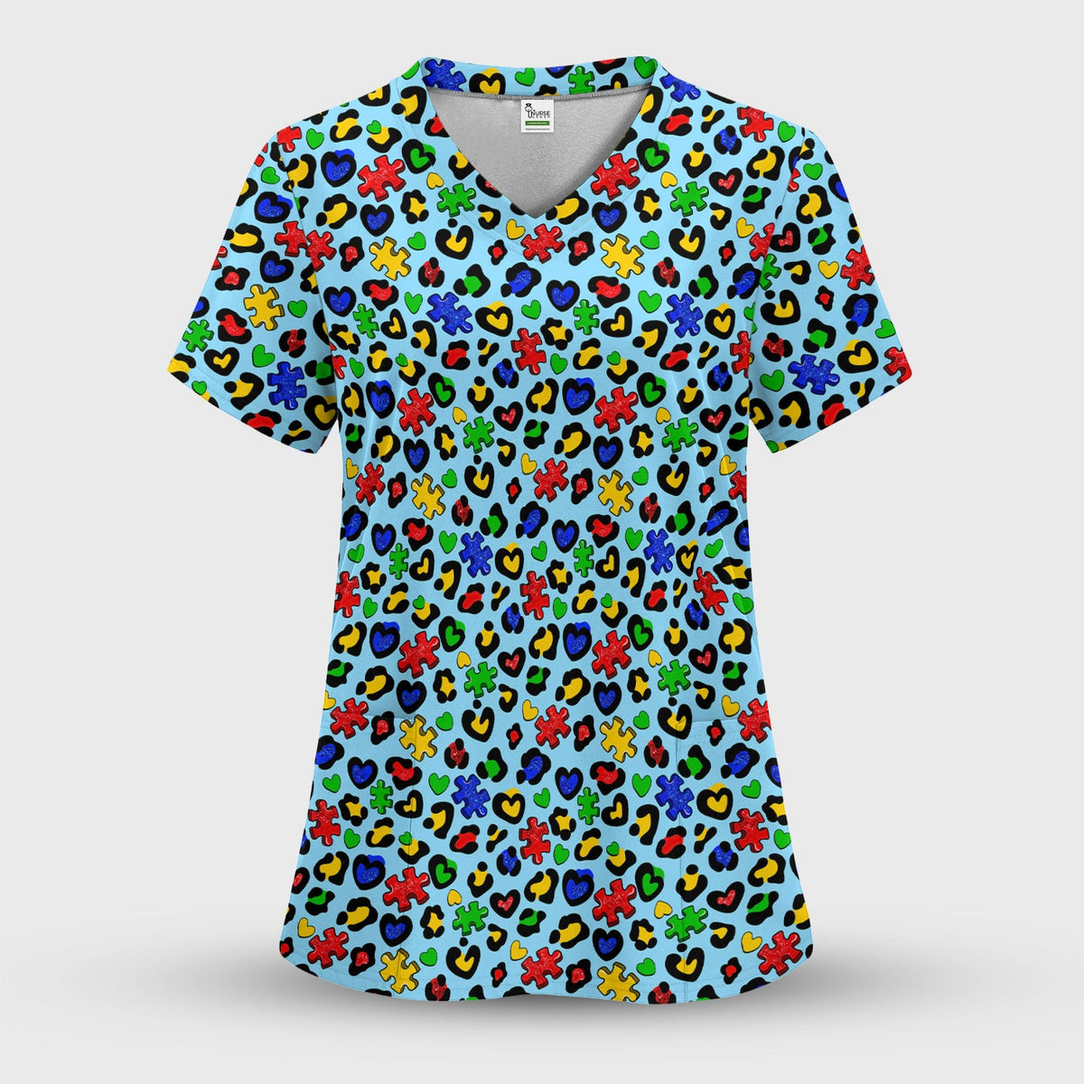 Puzzle Heart Awareness Print Scrub Top, Soft & Comfortable Scrubs for Nurses