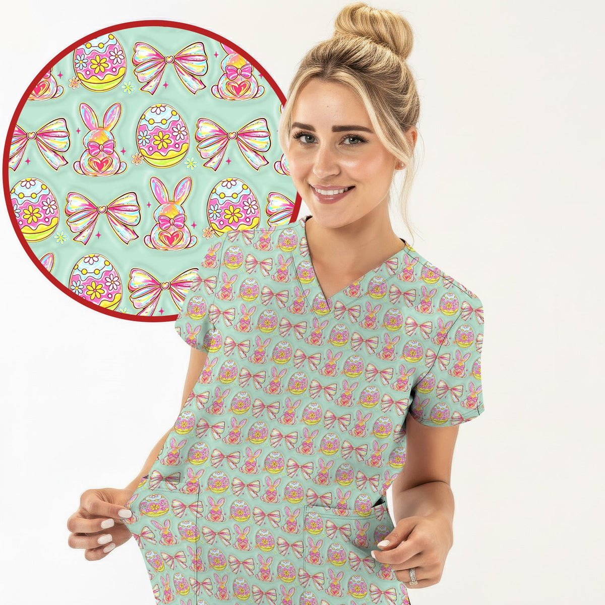 Easter Bunny Pastel Egg Bow Pattern Scrub Top, Breathable Fabrics Nursing Uniform