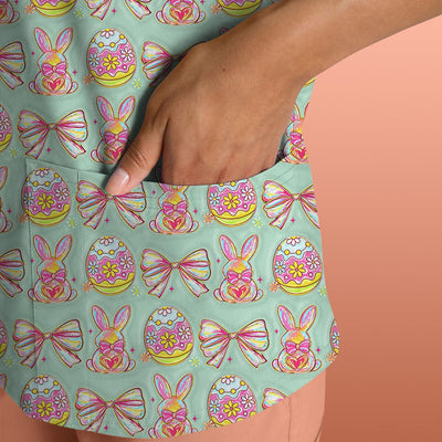 Easter Bunny Pastel Egg Bow Pattern Scrub Top, Breathable Fabrics Nursing Uniform