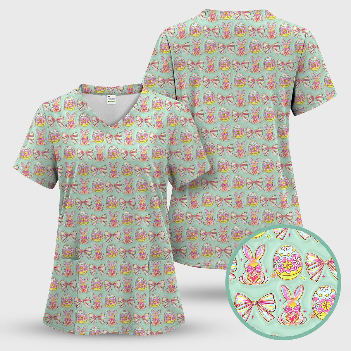 Easter Bunny Pastel Egg Bow Pattern Scrub Top, Breathable Fabrics Nursing Uniform