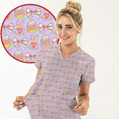 Easter Bunny Pastel Egg Bow Pattern Scrub Top, Breathable Fabrics Nursing Uniform