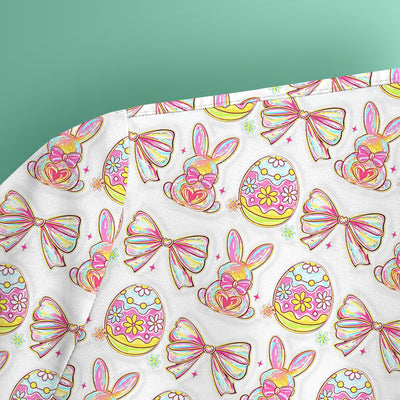 Easter Bunny Pastel Egg Bow Pattern Scrub Top, Breathable Fabrics Nursing Uniform