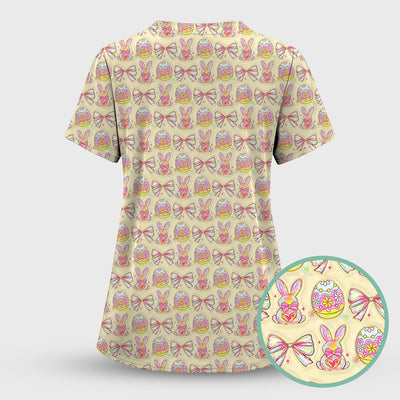Easter Bunny Pastel Egg Bow Pattern Scrub Top, Breathable Fabrics Nursing Uniform