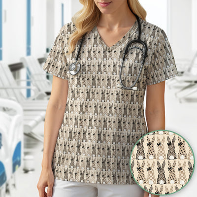 Vintage Bunny Pattern Beige Scrub Top, Comfortable Scrubs for Nurses