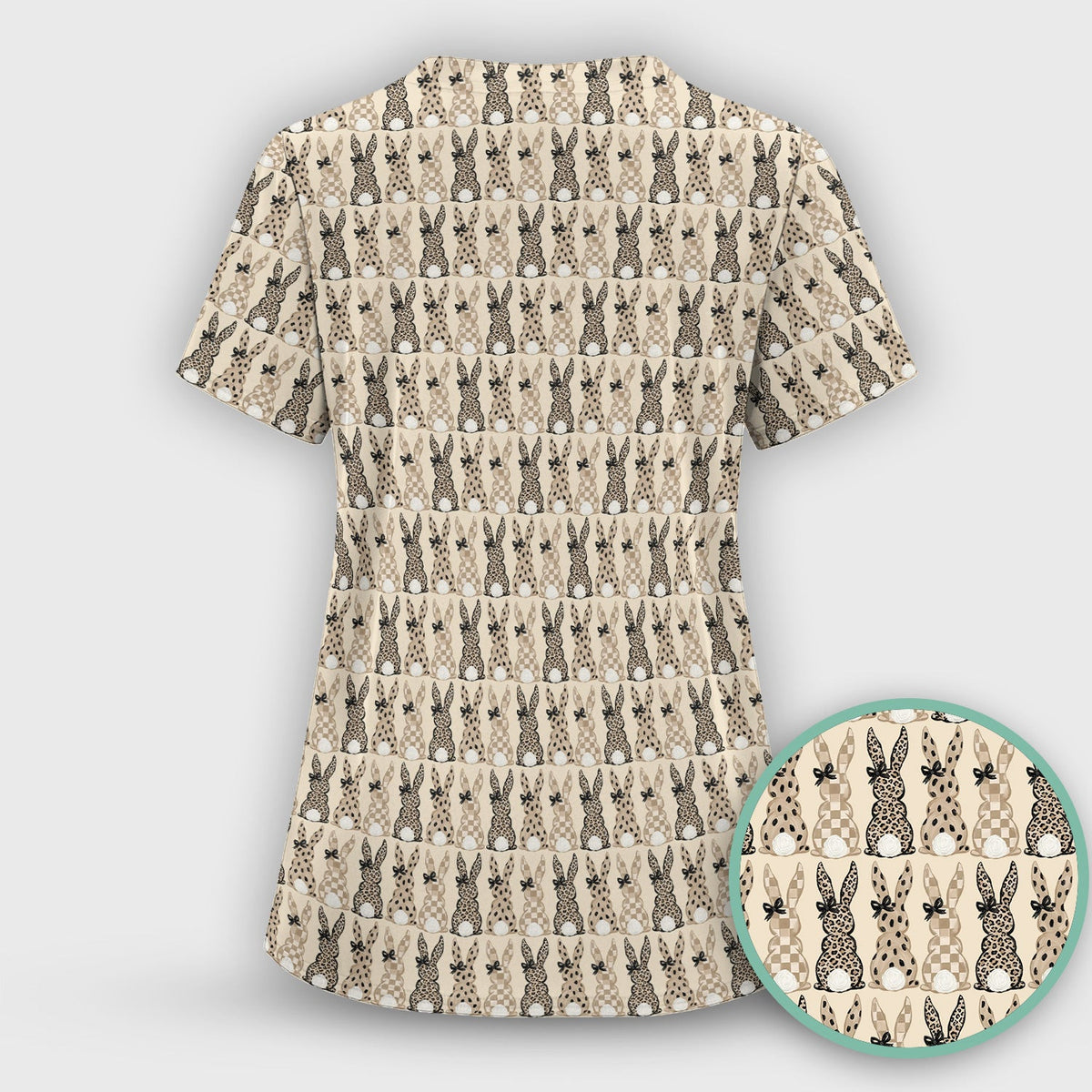 Vintage Bunny Pattern Beige Scrub Top, Comfortable Scrubs for Nurses