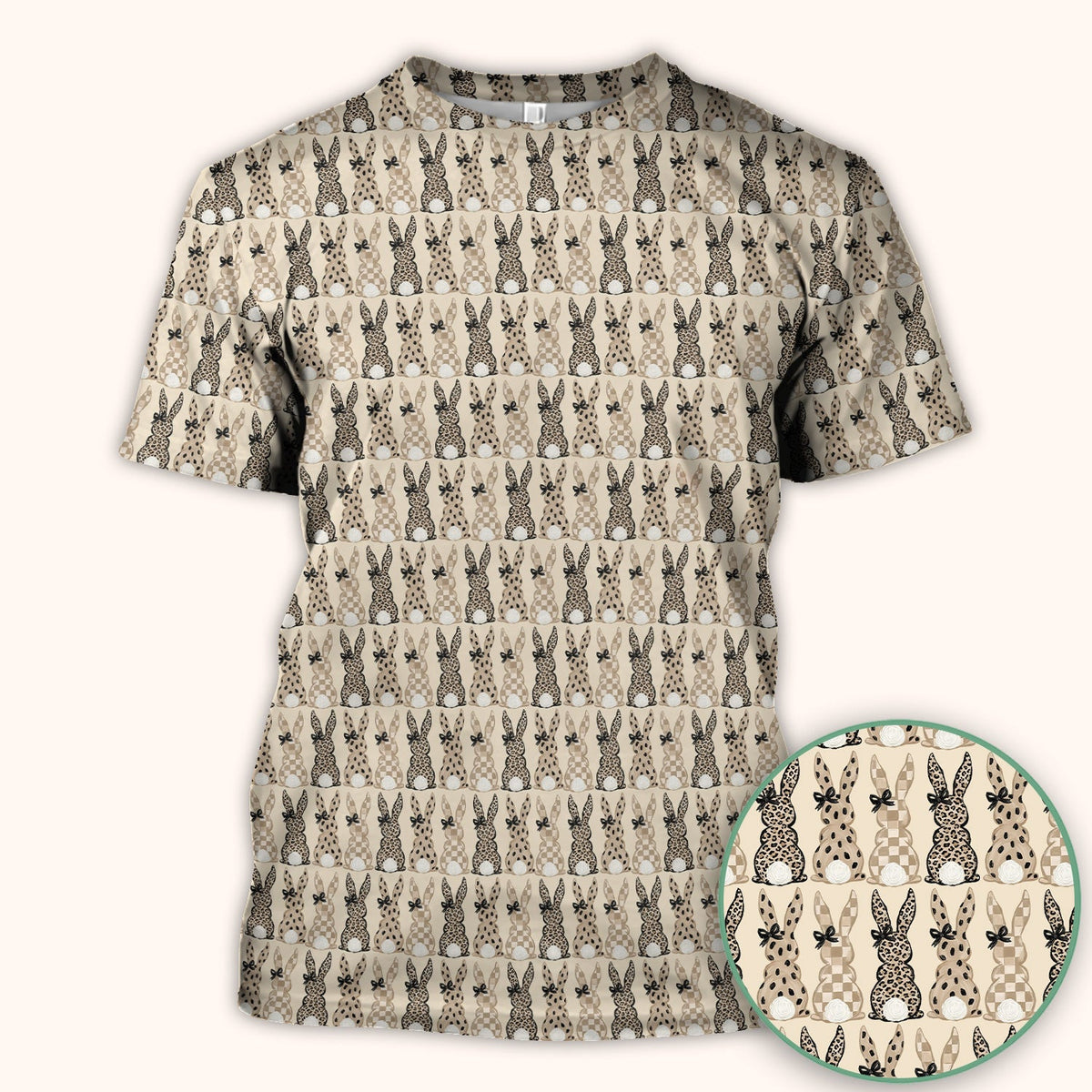 Vintage Bunny Pattern Beige Scrub Top, Comfortable Scrubs for Nurses