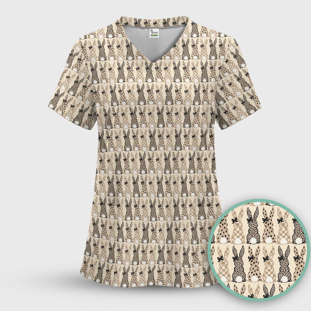 Vintage Bunny Pattern Beige Scrub Top, Comfortable Scrubs for Nurses