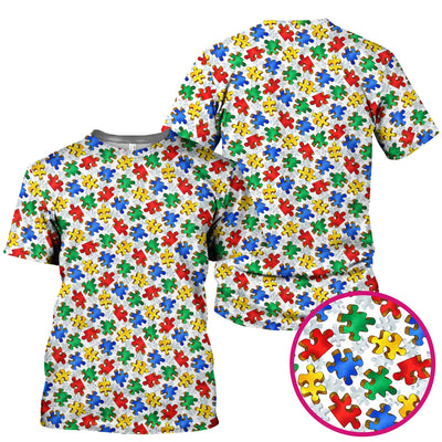 Colorful Autism Puzzle Piece Pattern Scrub Top, Comfortable Scrubs for Nurses