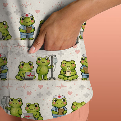 Adorable Frog Nurse Various Poses Print Scrub Top, Comfortable Scrubs for Nurses