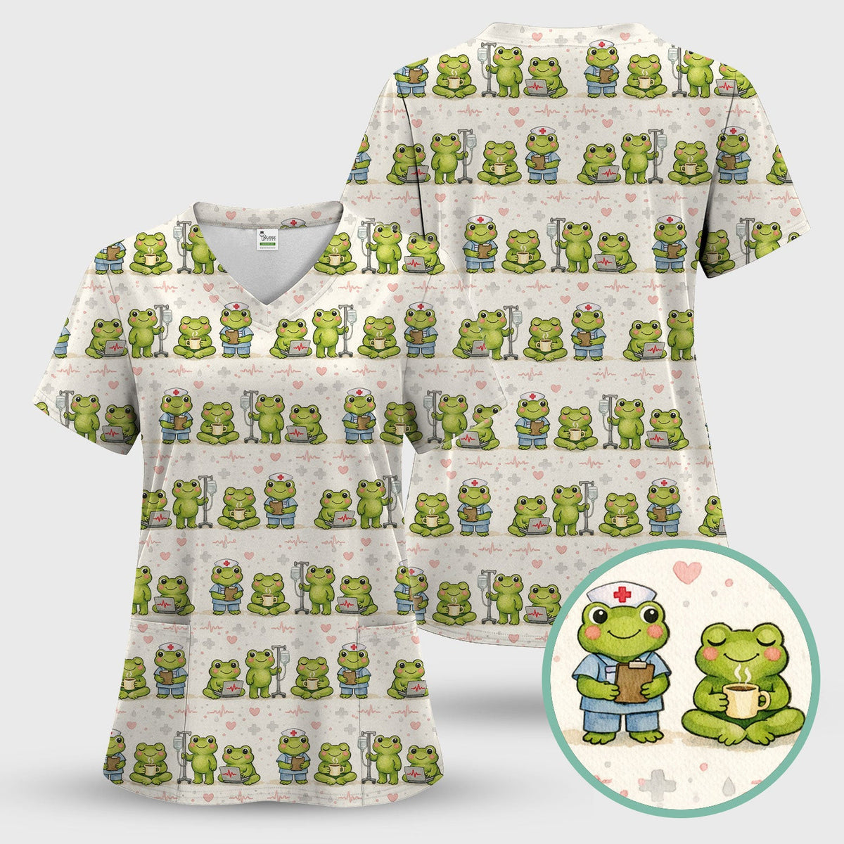 Adorable Frog Nurse Various Poses Print Scrub Top, Comfortable Scrubs for Nurses