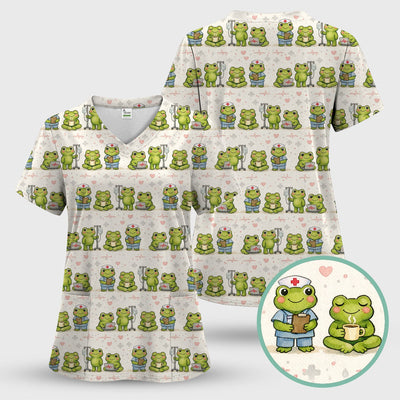 Adorable Frog Nurse Various Poses Print Scrub Top, Comfortable Scrubs for Nurses