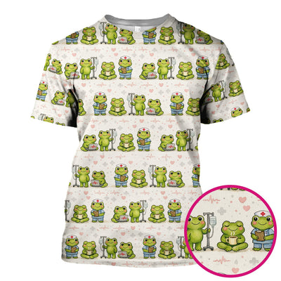 Adorable Frog Nurse Various Poses Print Scrub Top, Comfortable Scrubs for Nurses