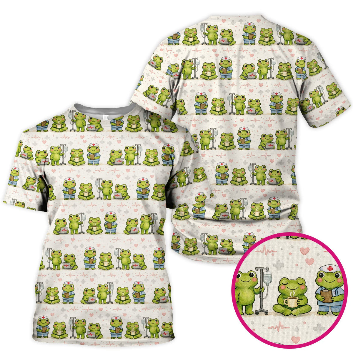 Adorable Frog Nurse Various Poses Print Scrub Top, Comfortable Scrubs for Nurses