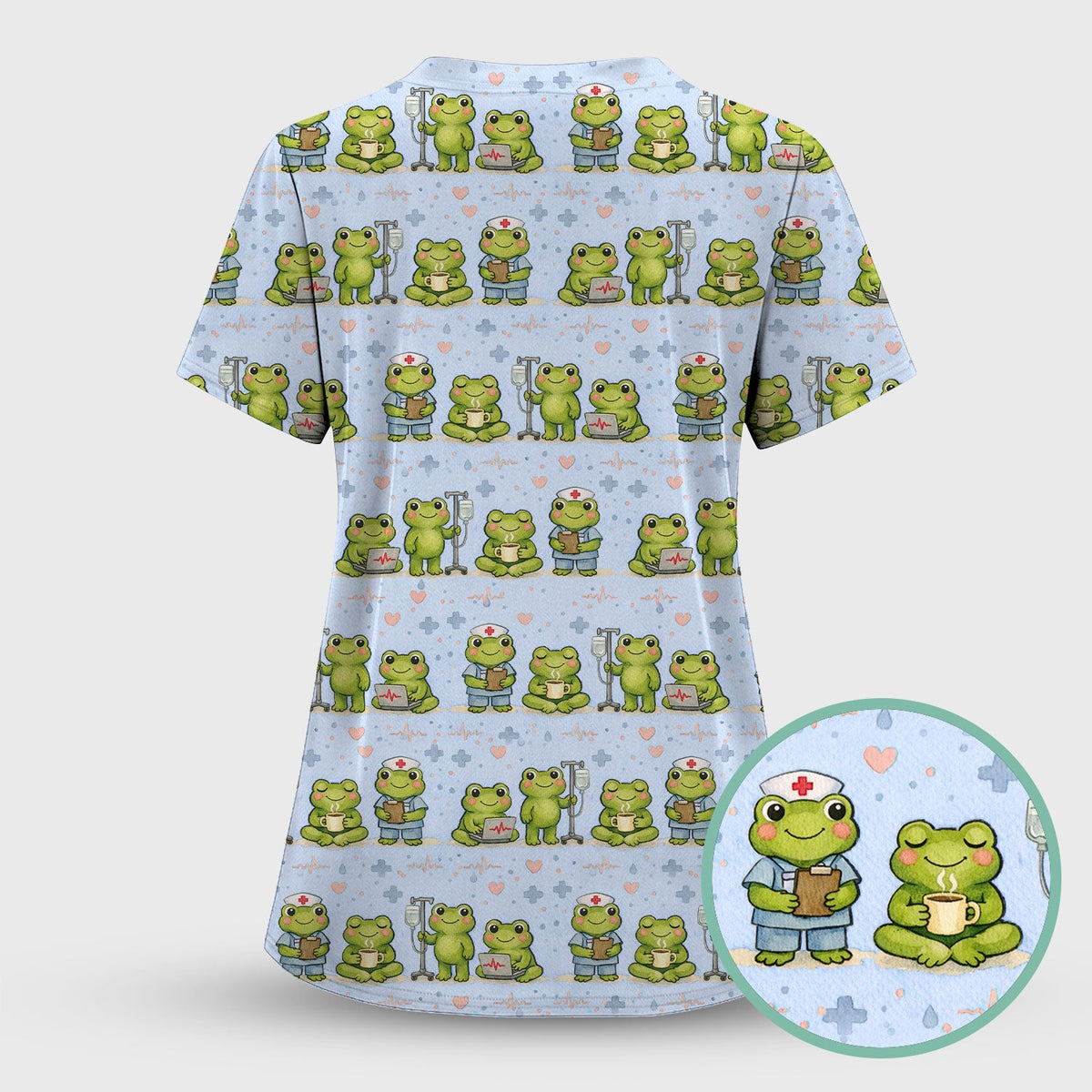 Adorable Frog Nurse Various Poses Print Scrub Top, Comfortable Scrubs for Nurses