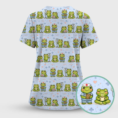 Adorable Frog Nurse Various Poses Print Scrub Top, Comfortable Scrubs for Nurses