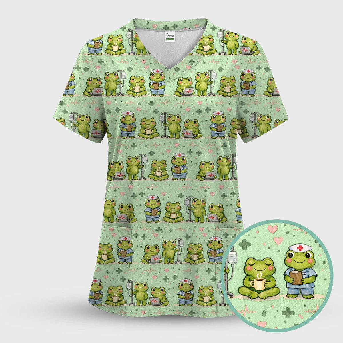 Adorable Frog Nurse Various Poses Print Scrub Top, Comfortable Scrubs for Nurses