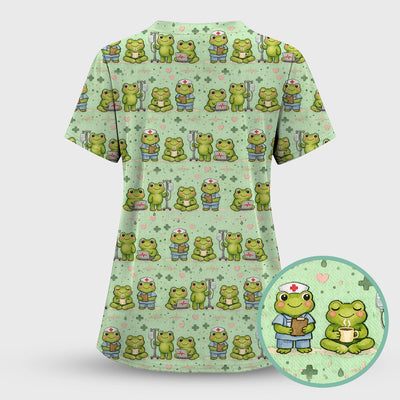 Adorable Frog Nurse Various Poses Print Scrub Top, Comfortable Scrubs for Nurses