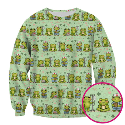 Adorable Frog Nurse Various Poses Print Scrub Top, Comfortable Scrubs for Nurses