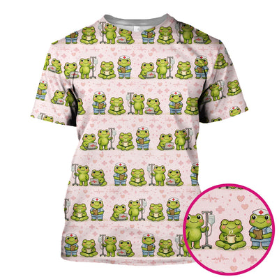 Adorable Frog Nurse Various Poses Print Scrub Top, Comfortable Scrubs for Nurses