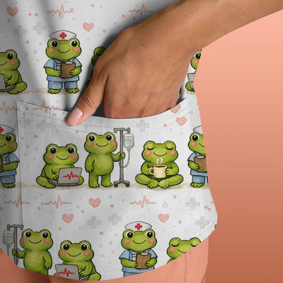 Adorable Frog Nurse Various Poses Print Scrub Top, Comfortable Scrubs for Nurses